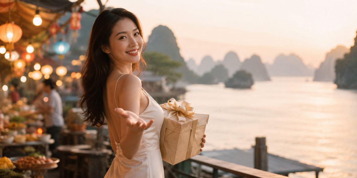 Phong cảnh vịnh Hạ Long về đêm với chợ đêm sôi động và người tham gia giải trí