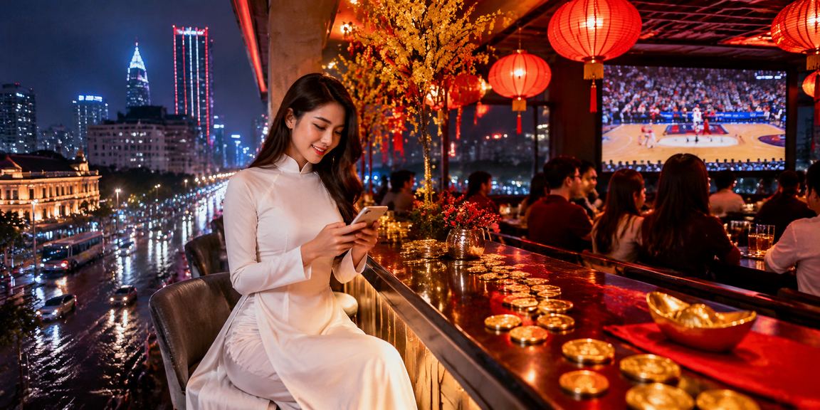 Người phụ nữ mặc áo dài xem cá cược bóng rổ tại TP.HCM trong không gian hiện đại