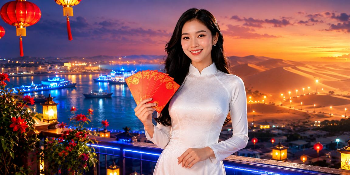 Lễ trao thưởng bao lì xì đỏ cho thành viên VIP trong tà áo dài truyền thống tại Mũi Né